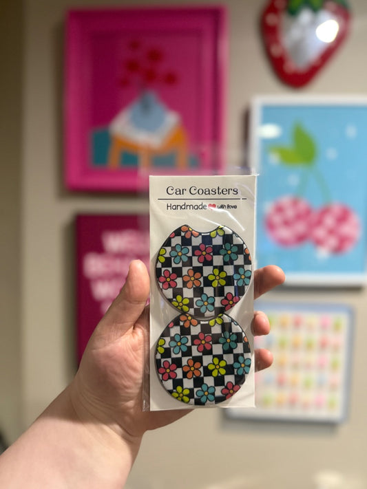 Checkered Flowers  Car Coasters