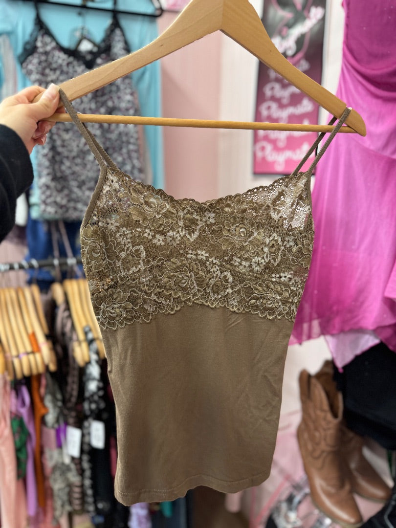 brown Jacquie Earthtone lace top, small