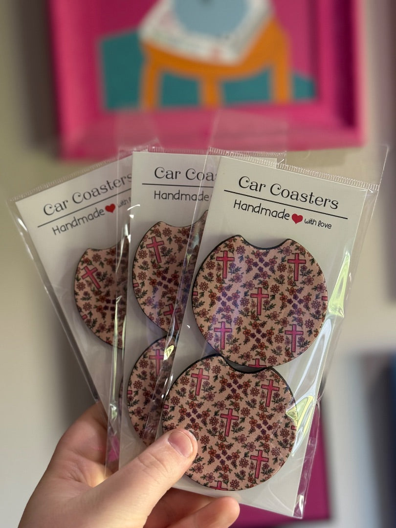 Pink Cross Flowers, Car Coaster