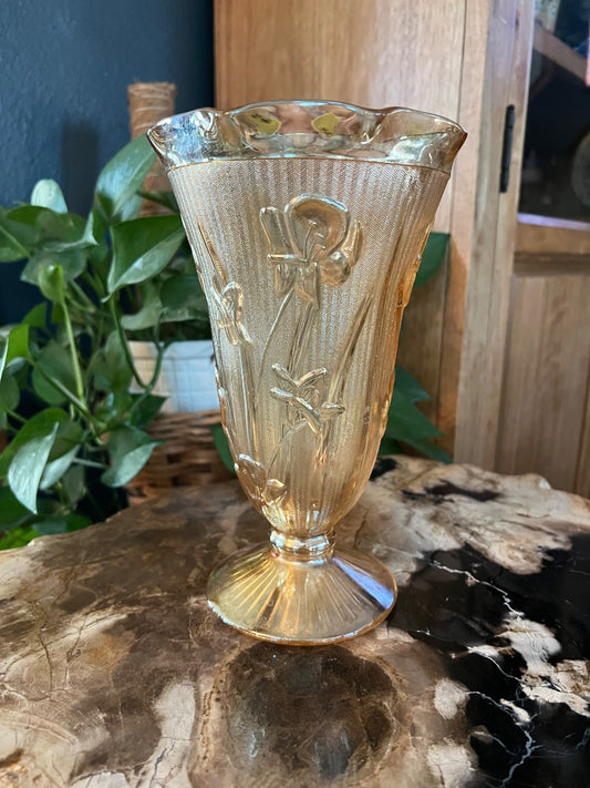 Marigold Carnival Glass Jeannette Glass Iris & Herringbone Vase, 9”