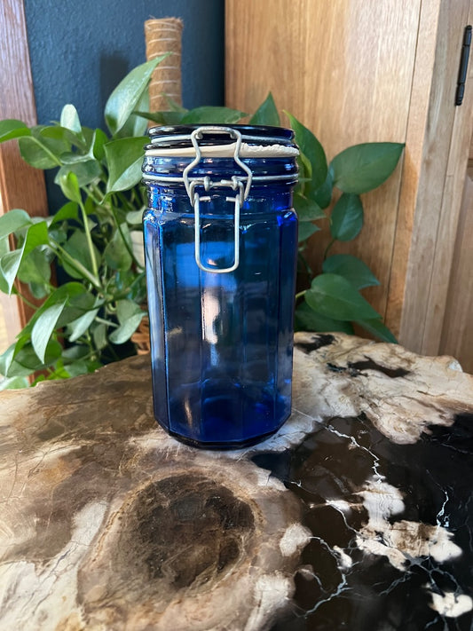 Cobalt Blue  Glass Apothecary Cannister w/ hinged bail wire lid, 8”