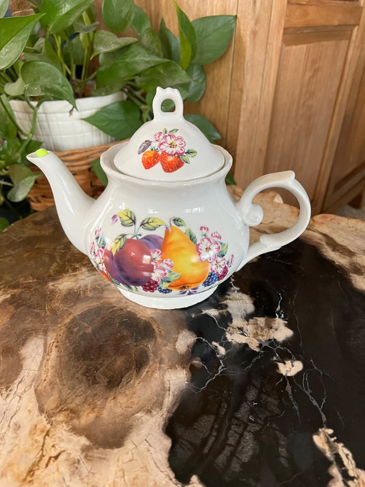 White  Porcelain Teapot with Fruit