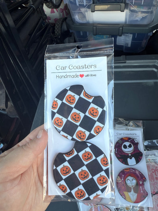 Pumpkin Checkered  Car Coasters, Car Coaster