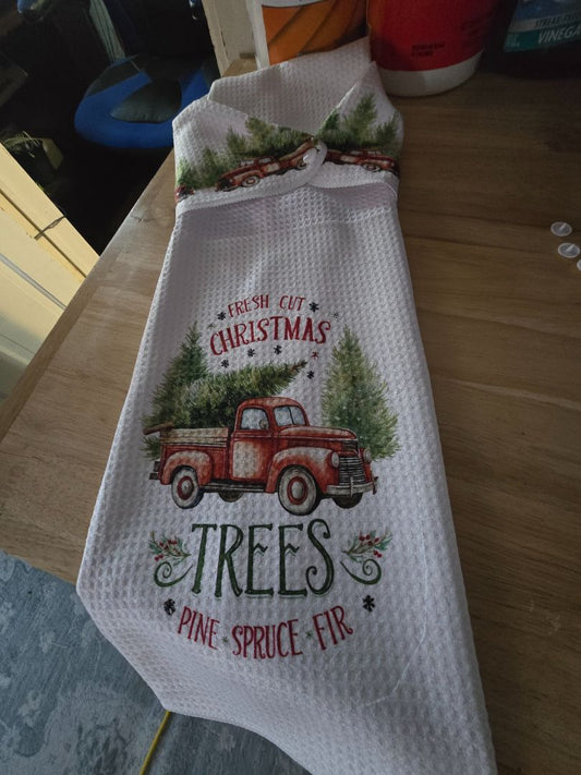 Christmas Hand towel with snap Fresh cut Christmas trees red truck, 16 x 28
