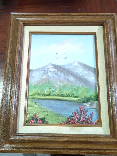 Painting mountains, pink flowers