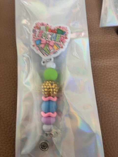 White Acrylic Badge Reel with Beads Grace's bead Shop