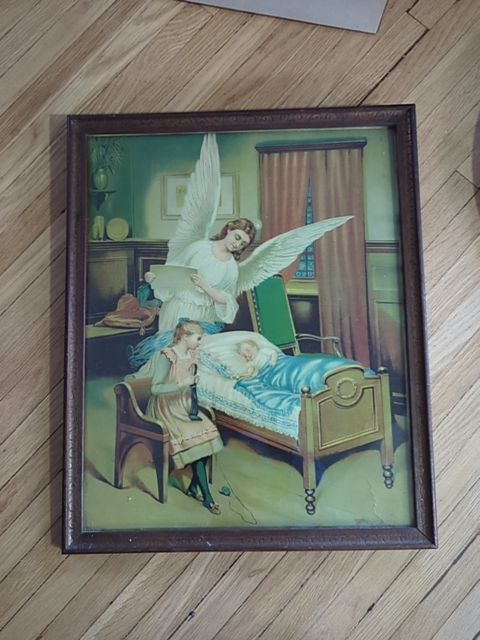 Angel and Sister Watch Over Baby lithiograph, Found & Formed