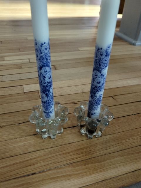 Blue and white candle w/ glass holder