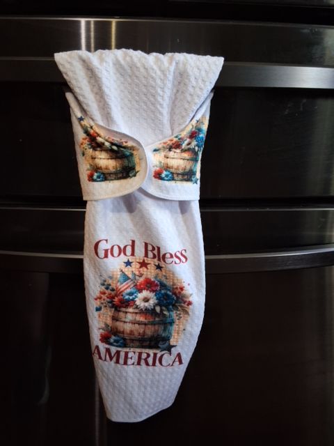 Red,white and blue Hand towel with snap God bless America, 16 x 28