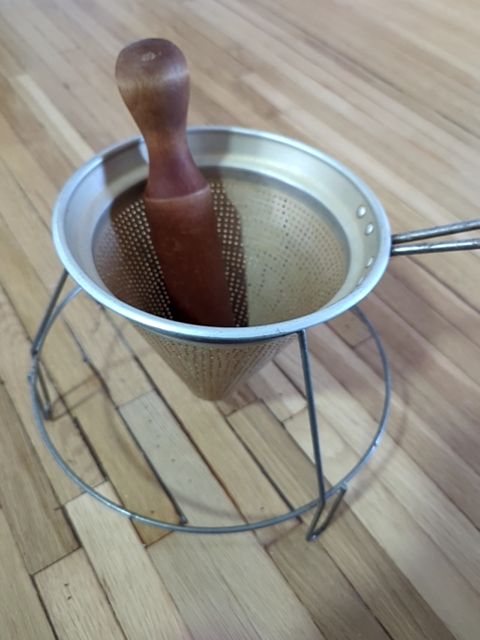 Aluminum Food Mill with wooden pestle and stand