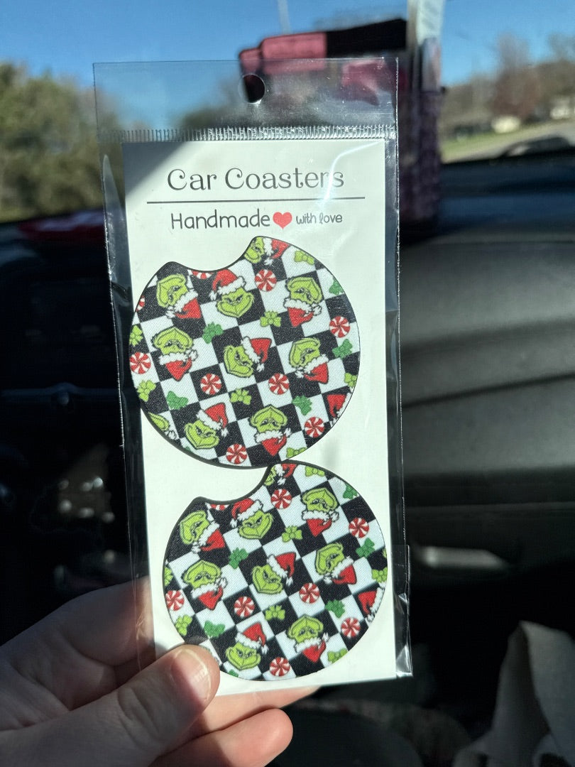 Grinch Checkered  Car Coasters, Car Coaster