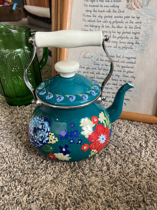 Teal Pioneer Woman Dazzling Dahlias Enamel Tea Kettle