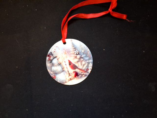 White Christmas ornament Snowman &cardinal (2), 3"