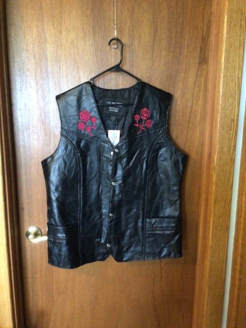 Black with Pink Roses Live Ride Rock Vest Leather, 5XL